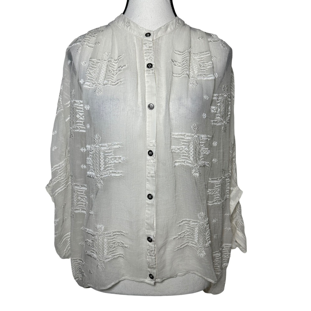 Twelfth Street by Cynthia Vincent 100% Silk Embroidered Batwing Blouse Sheer S